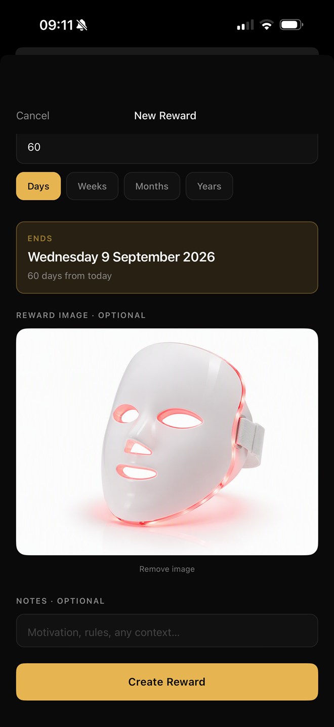 LED mask reward configured: 60 days ending Wednesday 9 September 2026