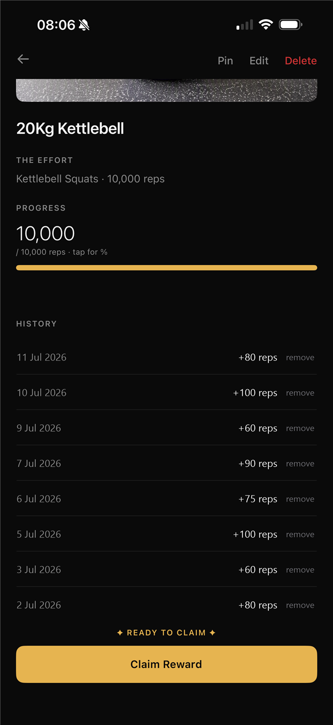 Kettlebell reward complete at 10,000 of 10,000 reps with daily history and Claim Reward button